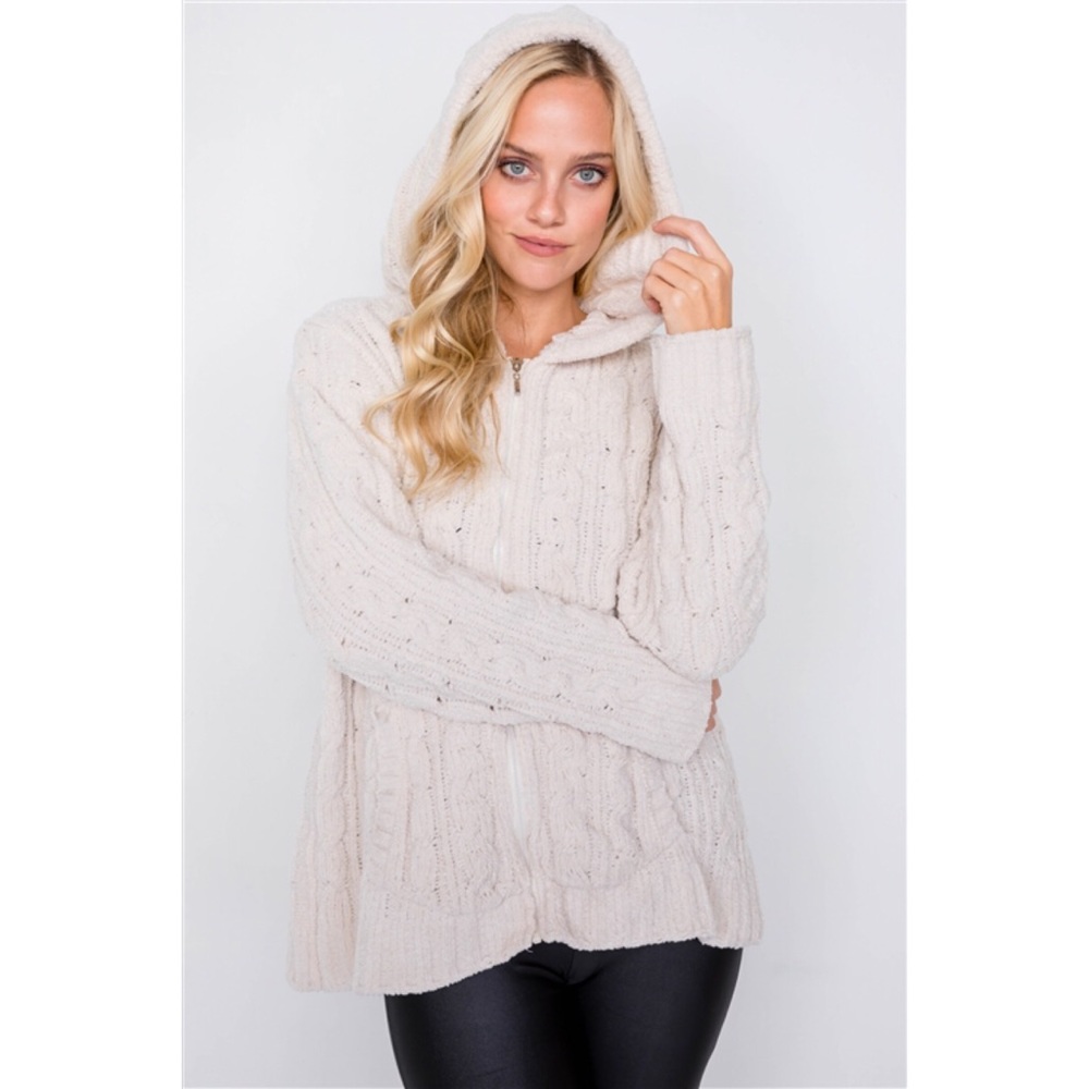 IVORY KNIT SUEDE FRONT ZIPPER HOODIE SWEATER